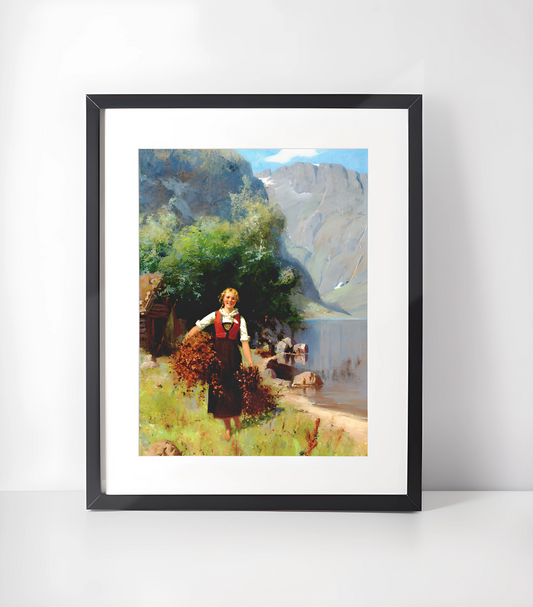 Sommarnatt i Norge - Adolph Tidemand 1848 - Norske Malere Samling - Kunsttrykk A3+/A3 - Uten ramme #4 Kvinne ved Fjorden - Hans Dahl