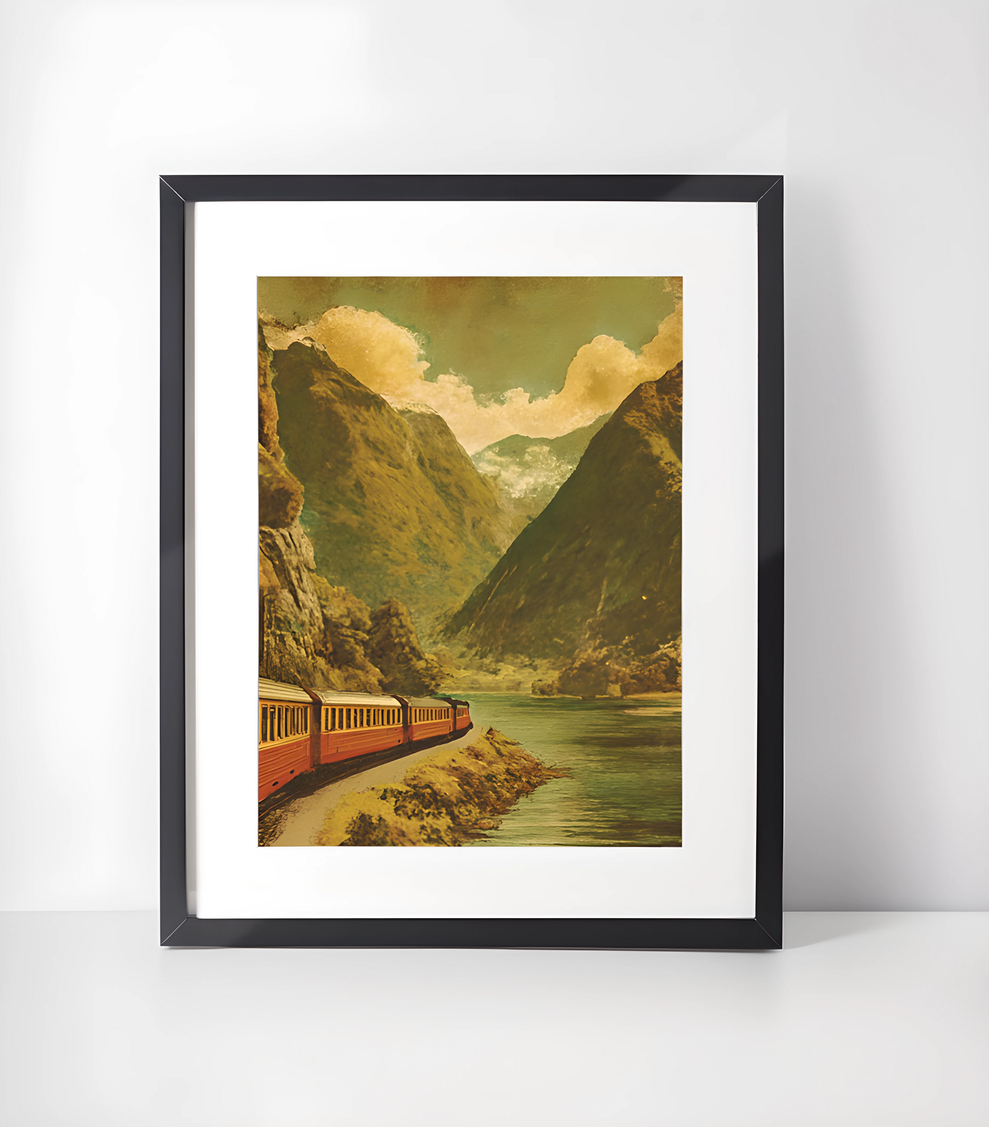 Norge Vintage Illustrasjoner Kunst -Kunstsamling - Kunsttrykk A3+/A3 - Uten ramme #6 Flåm tog Vintage