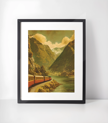 Norge Vintage Illustrasjoner Kunst -Kunstsamling - Kunsttrykk A3+/A3 - Uten ramme #6 Flåm tog Vintage