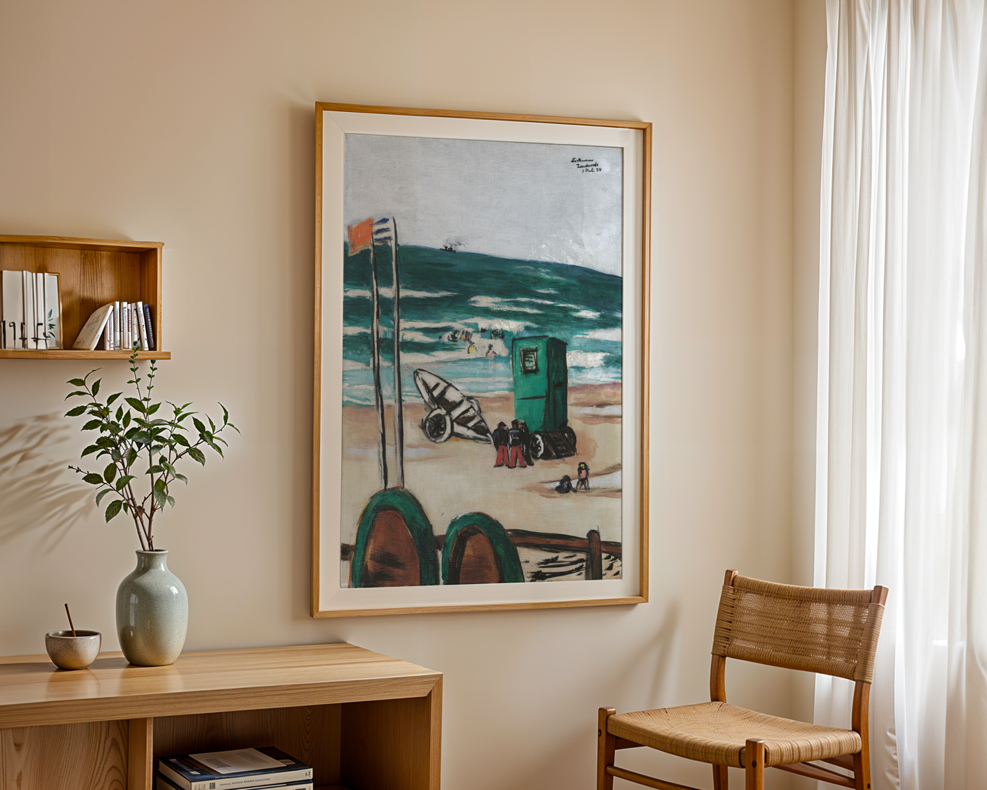 Max Beckmann - Badende med grønn hytte og båtmenn i røde bukser (1934)