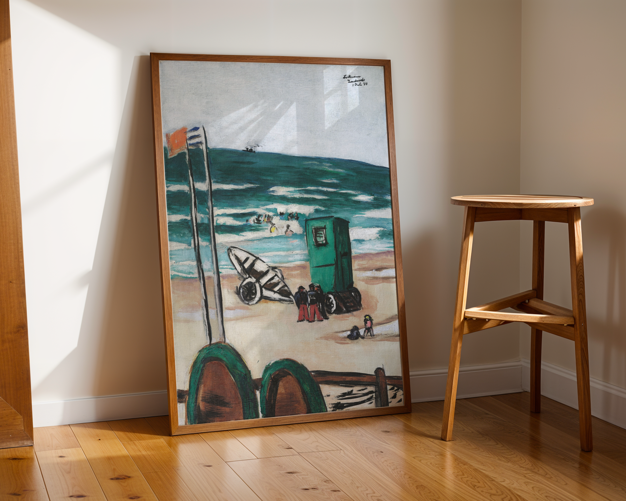 Max Beckmann - Badende med grønn hytte og båtmenn i røde bukser (1934)
