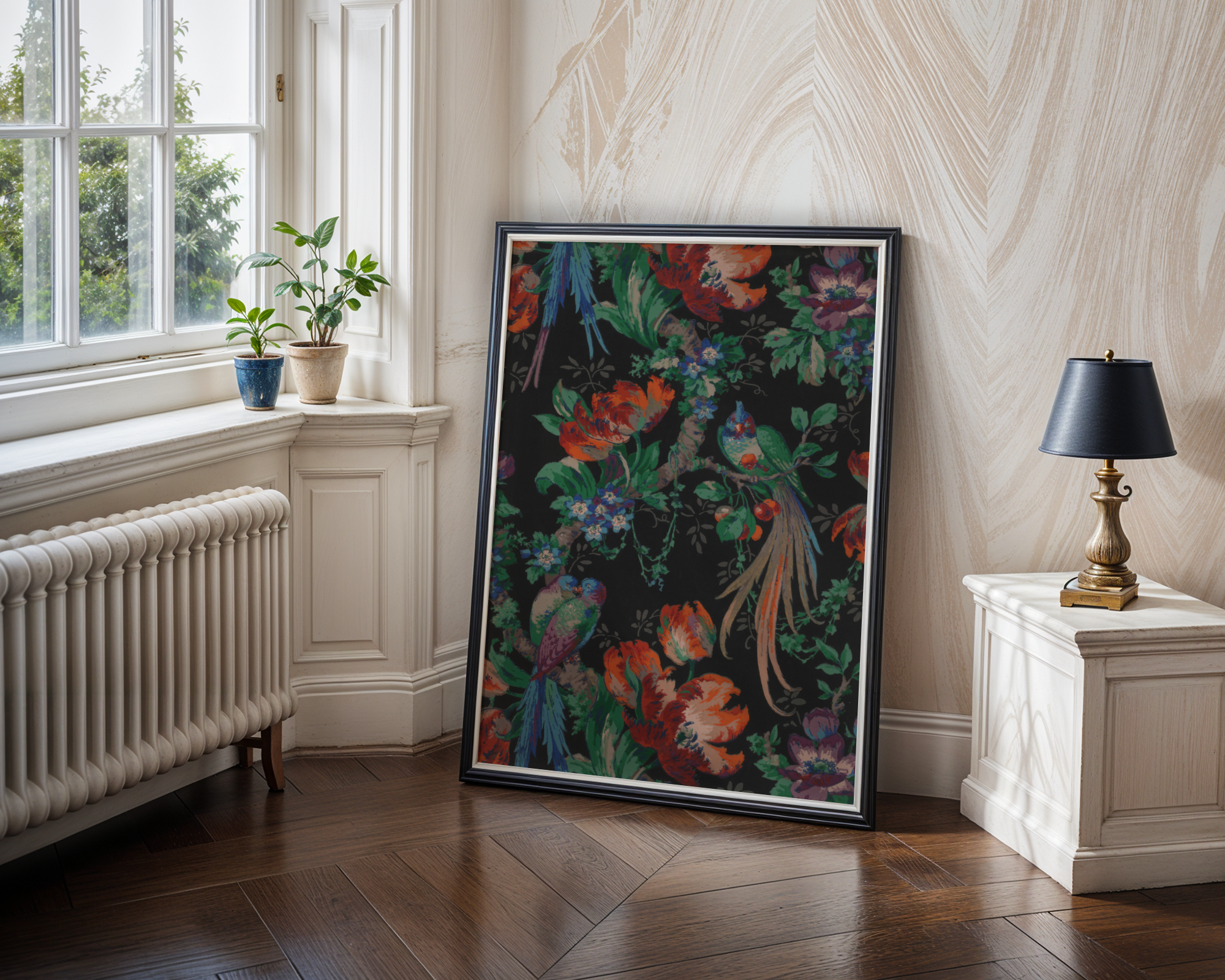 Tropical floral and bird pattern