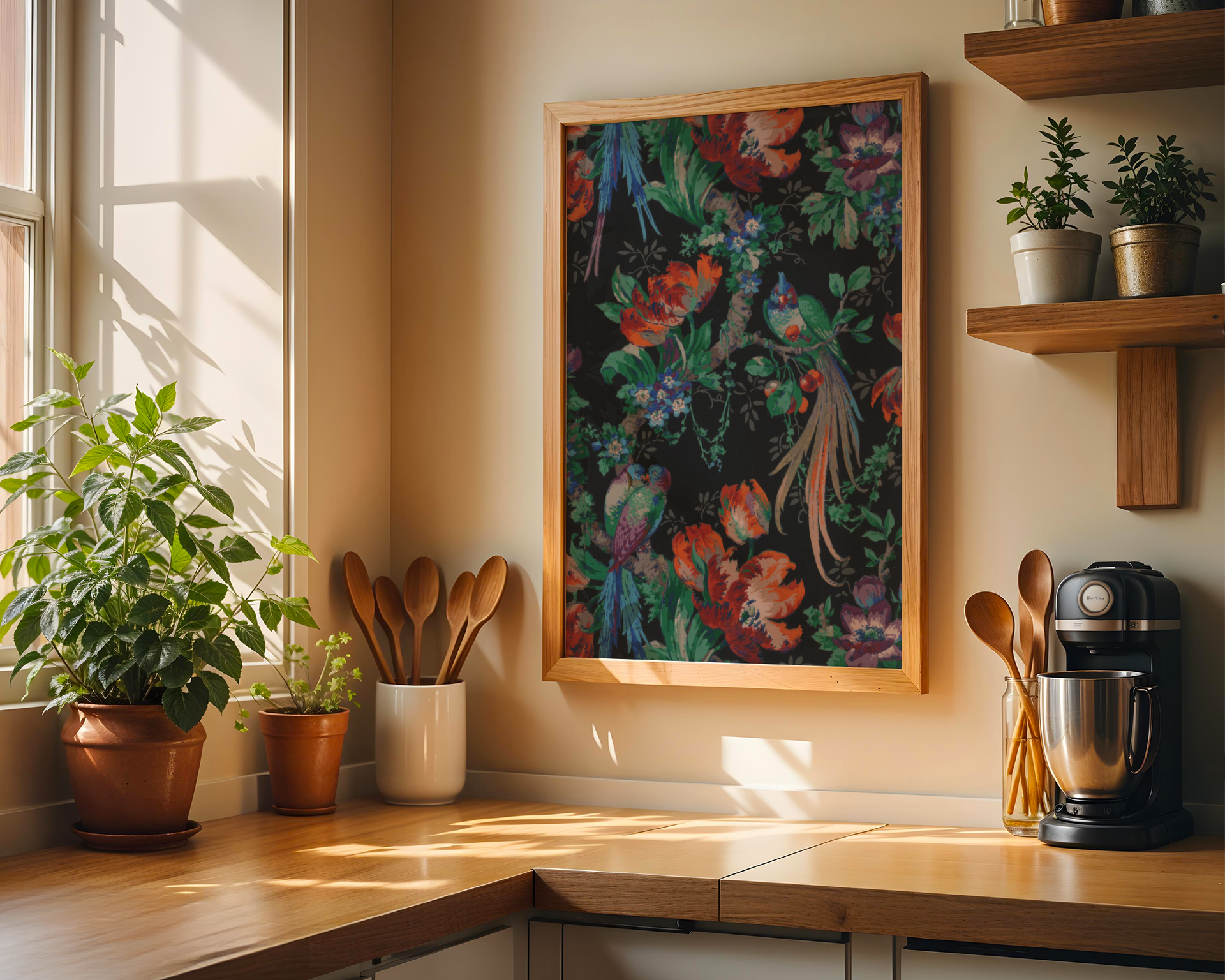 Tropical floral and bird pattern