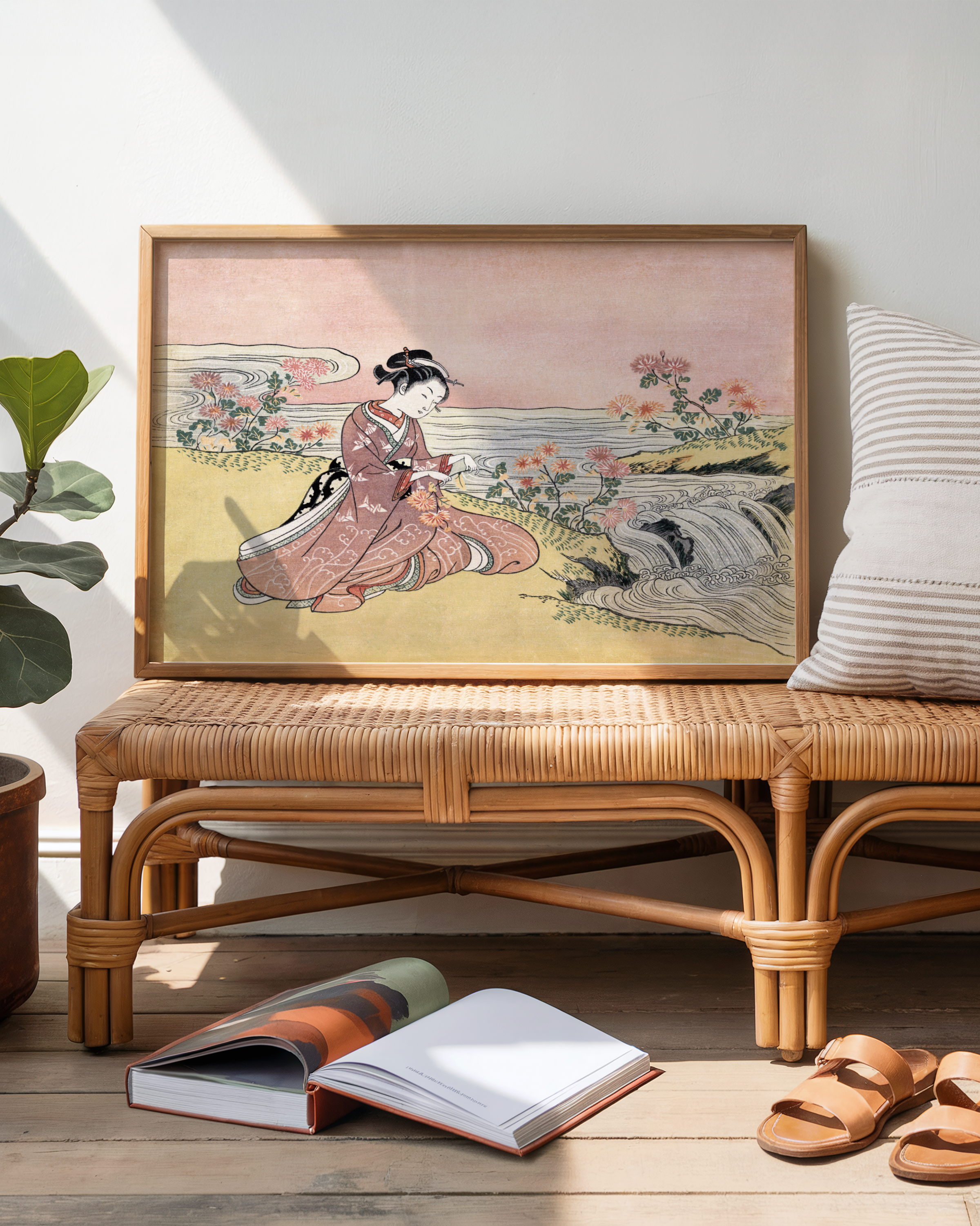 Suzuki Harunobu - Young Woman Gathering Chrysanthemums by the Stream