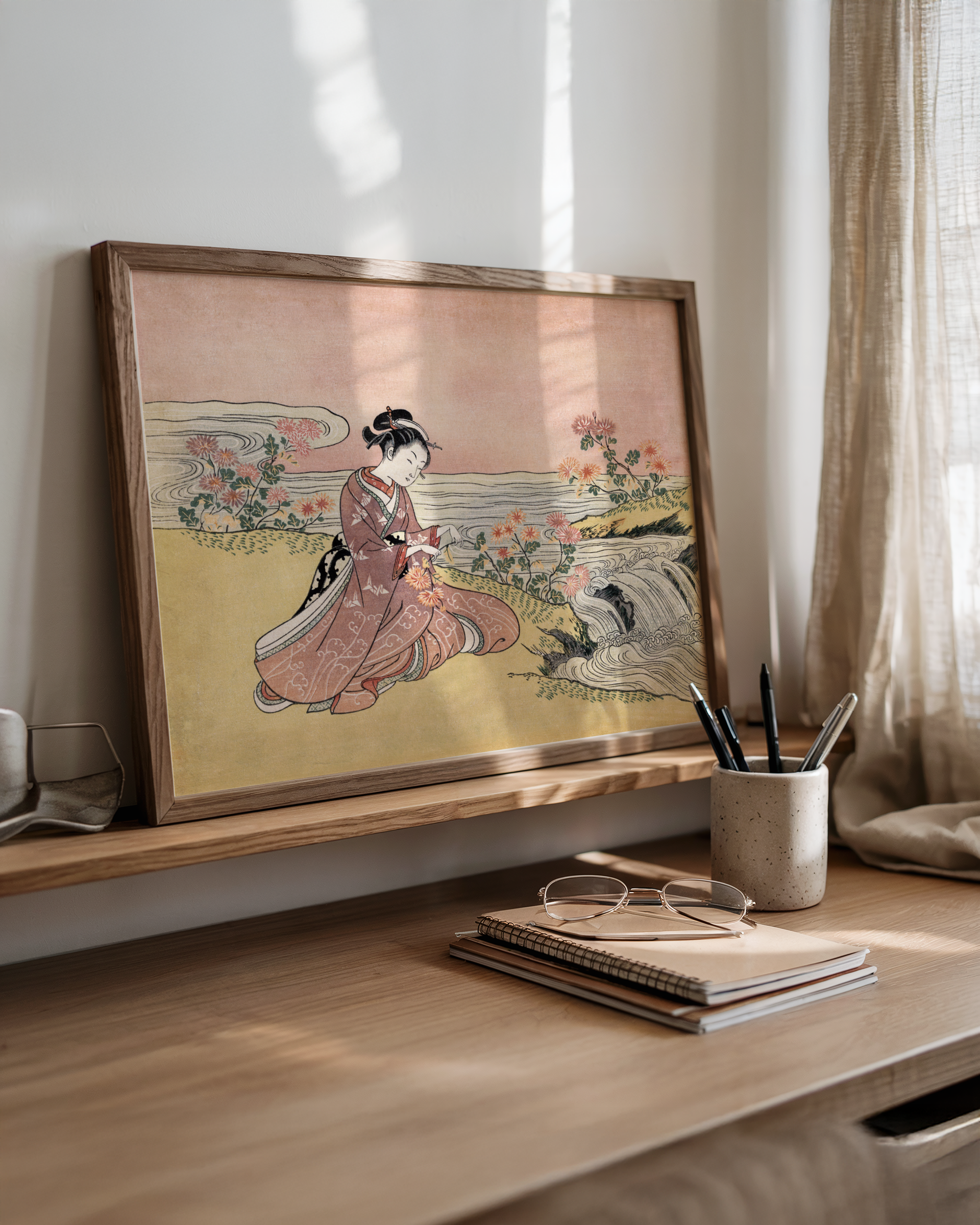 Suzuki Harunobu - Young Woman Gathering Chrysanthemums by the Stream