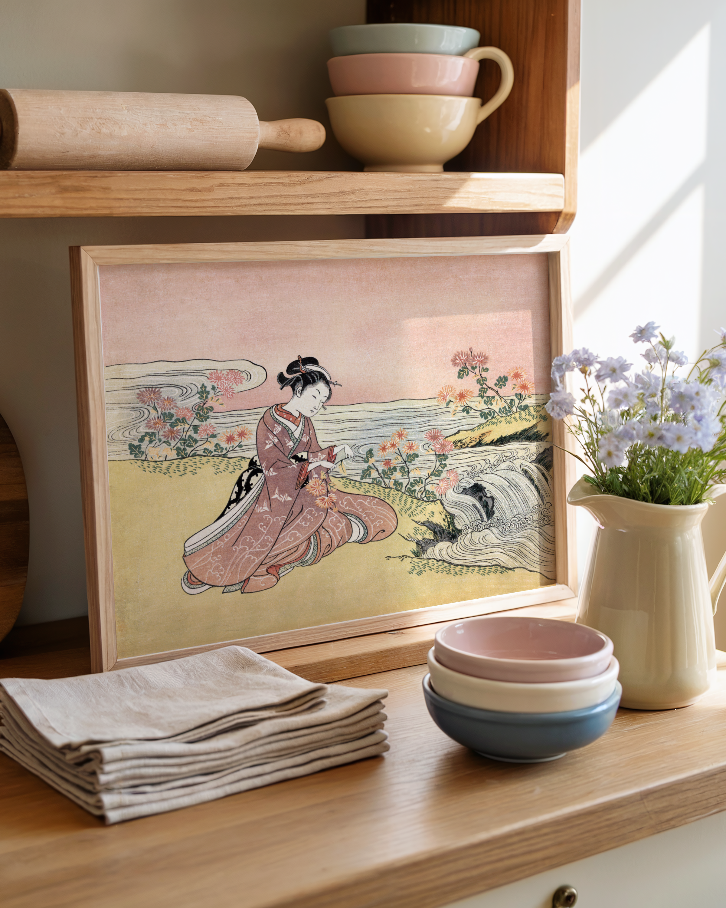 Suzuki Harunobu - Young Woman Gathering Chrysanthemums by the Stream