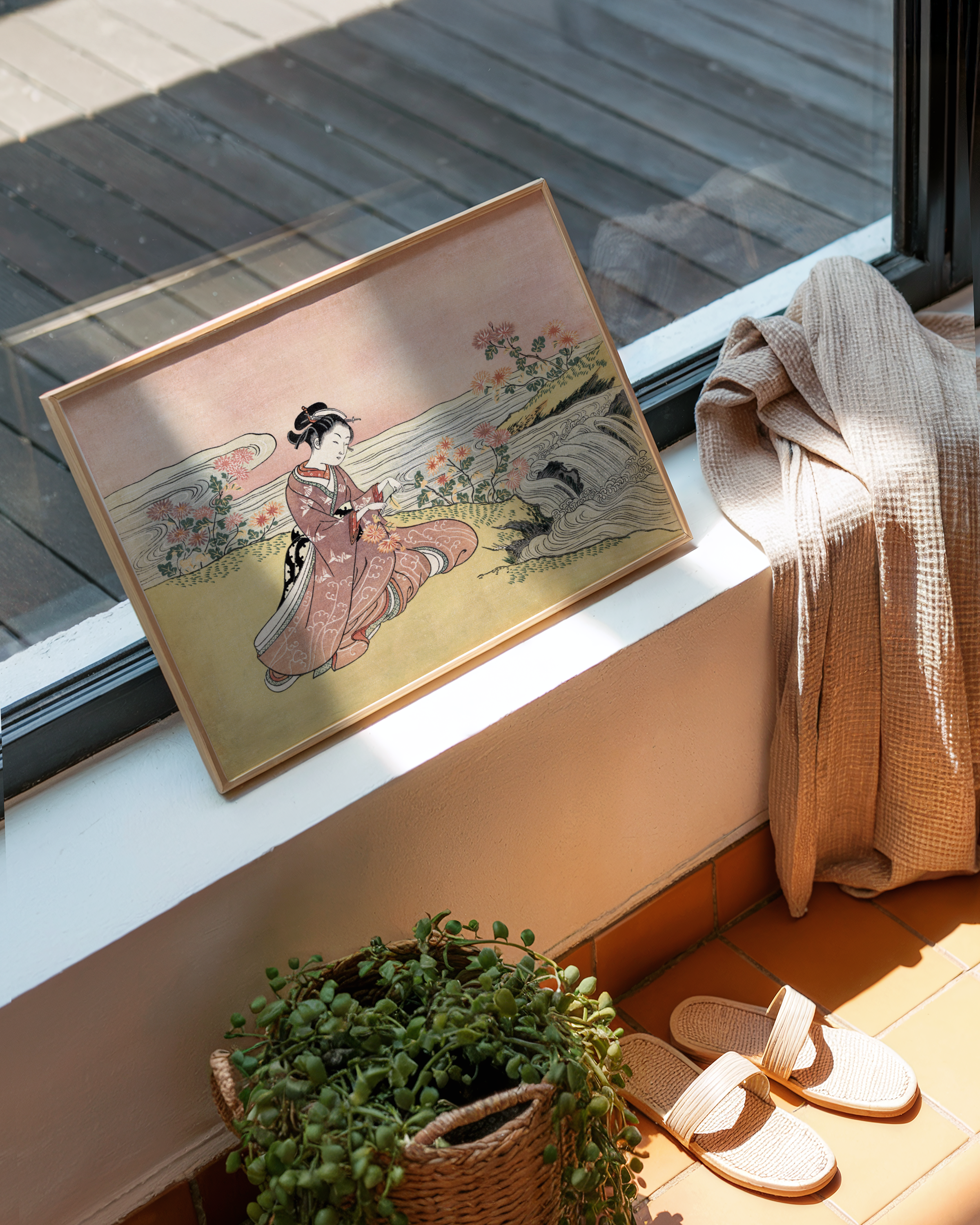 Suzuki Harunobu - Young Woman Gathering Chrysanthemums by the Stream