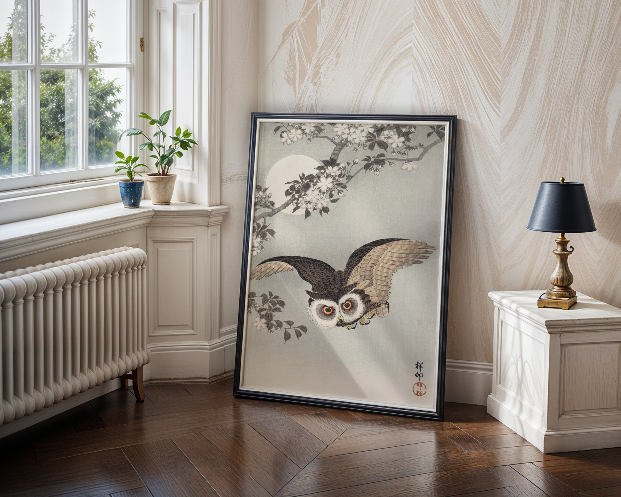 Ohara Koson - Scops Owl in Flight, Cherry Blossoms and Full Moon