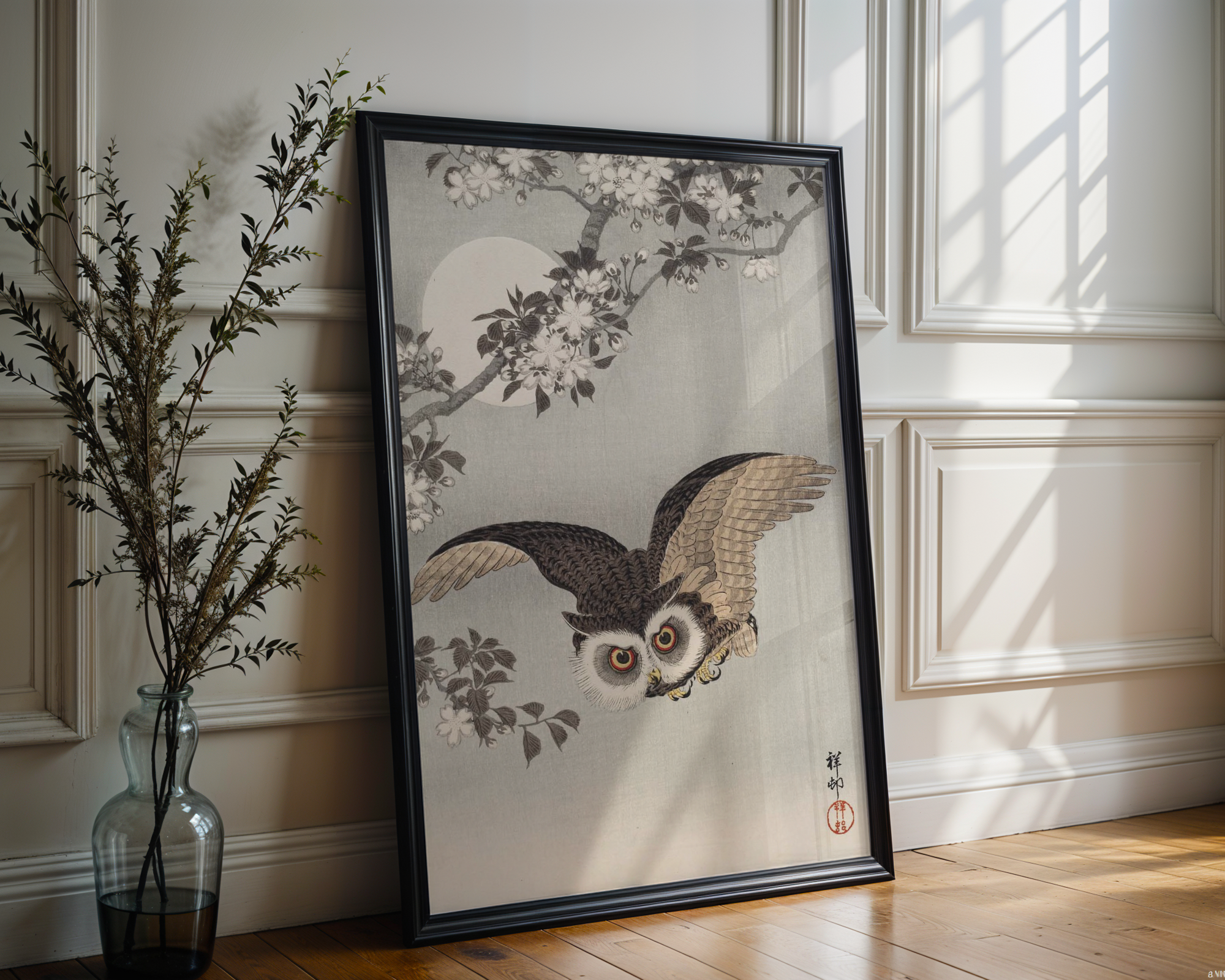Ohara Koson - Scops Owl in Flight, Cherry Blossoms and Full Moon